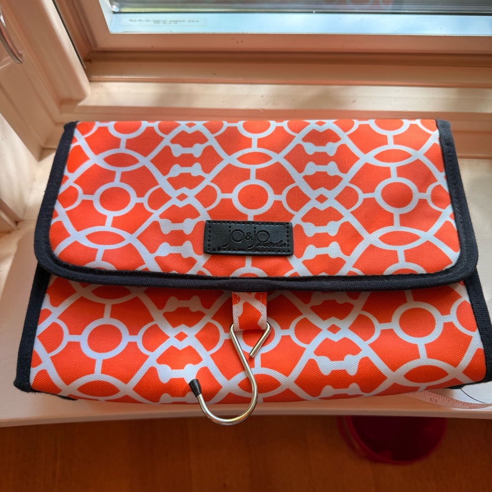 Orange and White Geometric Cosmetic Bag with Hanging Hook